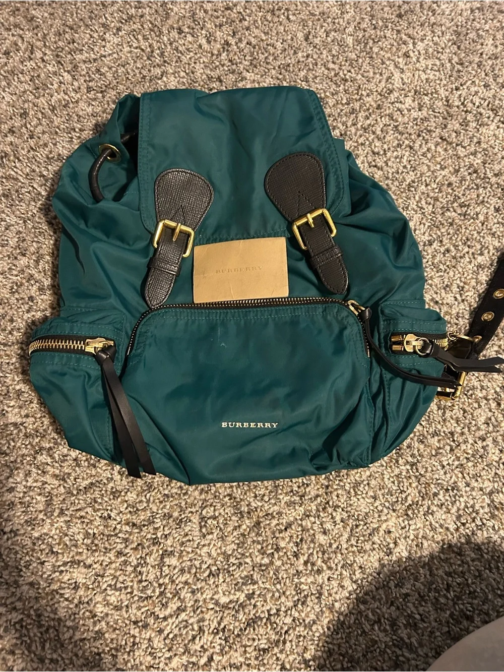 Burberry Green Nylon Backpack with Black Leather Trim and Gold Hardware